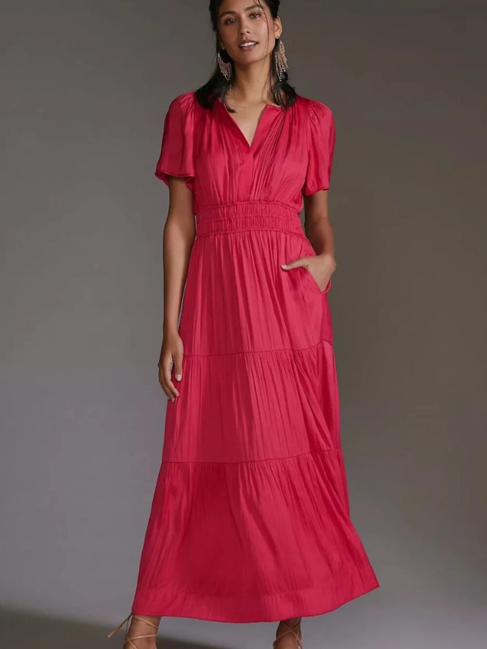 By Anthropologie Pleated Smocked Maxi Dress Fuchsia Pink Size S